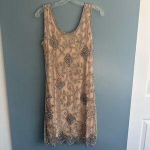 Glamorous Embellished Mini Dress in Silver and Tan